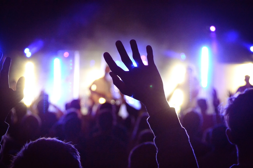 A full room watching a show, a hand raised above the crowd
